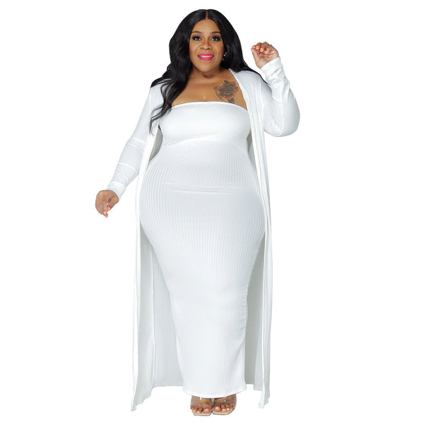 Plus Size Sets Solid Color Sexy Long Sleeve Coat and Tube Top Dress