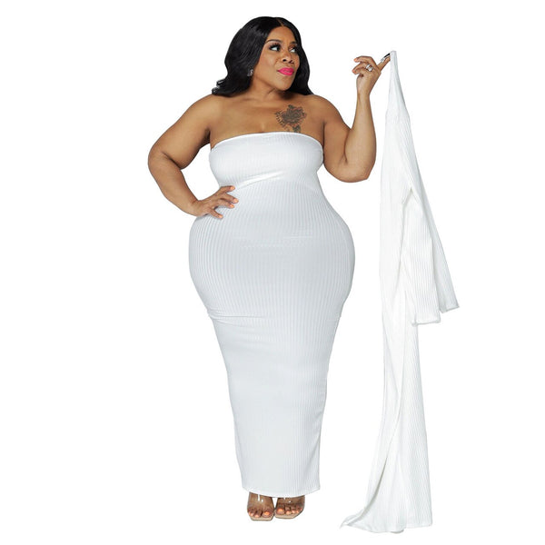 Plus Size Sets Solid Color Sexy Long Sleeve Coat and Tube Top Dress