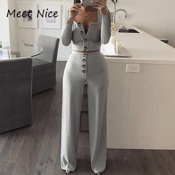 Ribbed 2 Two Piece Set Crop Tops and Pants Suit Long Sleeve