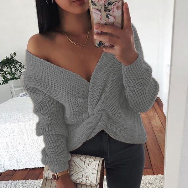 Sexy Knot Criss-cross V Neck Long Sleeve Loose Knitted Sweater