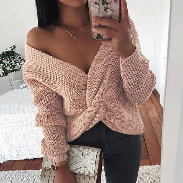 Sexy Knot Criss-cross V Neck Long Sleeve Loose Knitted Sweater