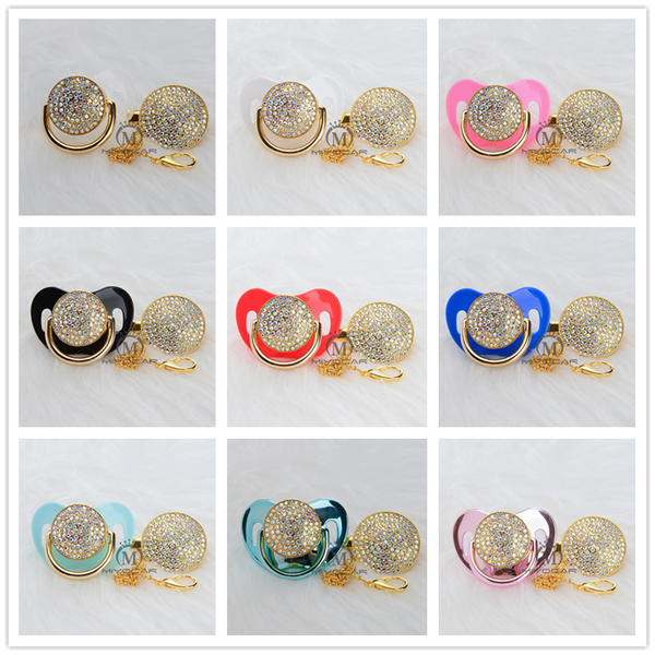 Gold bling colorful pacifier and clip set chain C-8